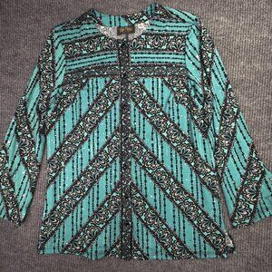 Bob Mackie Wearable Art Shirt Womens Medium Blue Black Sequin Floral Button Top